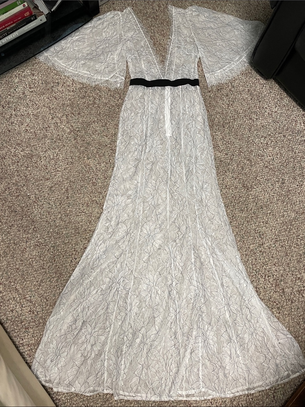 Luxxel Elegant White/black floral Lace Maxi Dress with Black Waistband